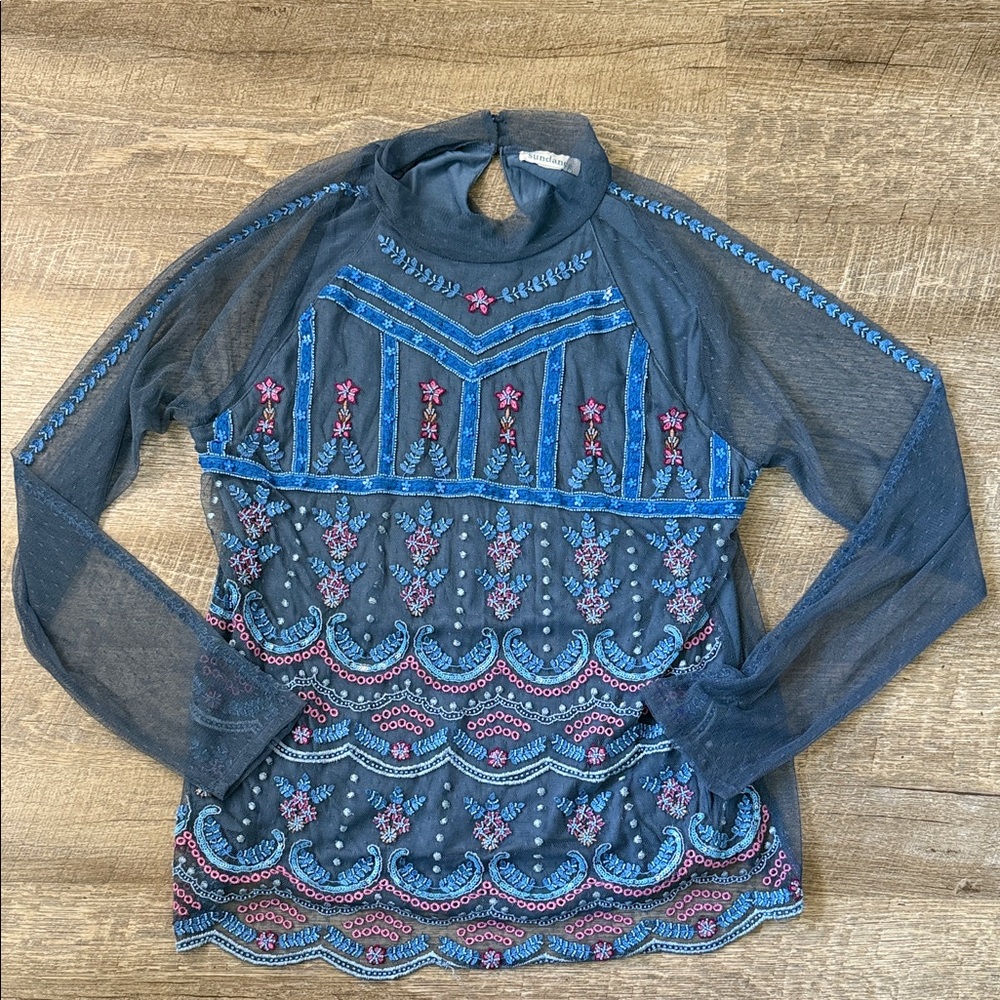 Sundance Blue Sheer Net Embroidered Beaded Turtleneck Top Size M/L